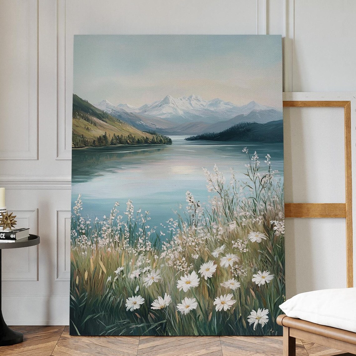 Mountain Lake With Wildflowers Snowy Peaks Serene Landscape Poster