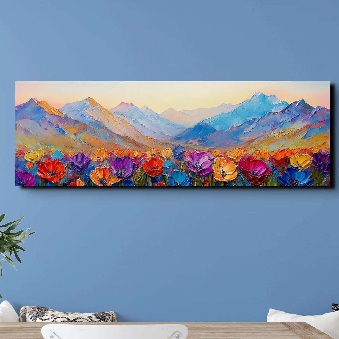 Vibrant Wildflower Meadow Pastel Mountain Dawn Panoramic Poster