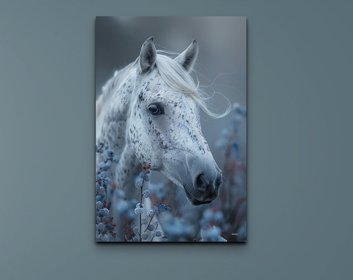 White Horse Portrait Misty Blue Wildflowers Equine Decor Wall Art