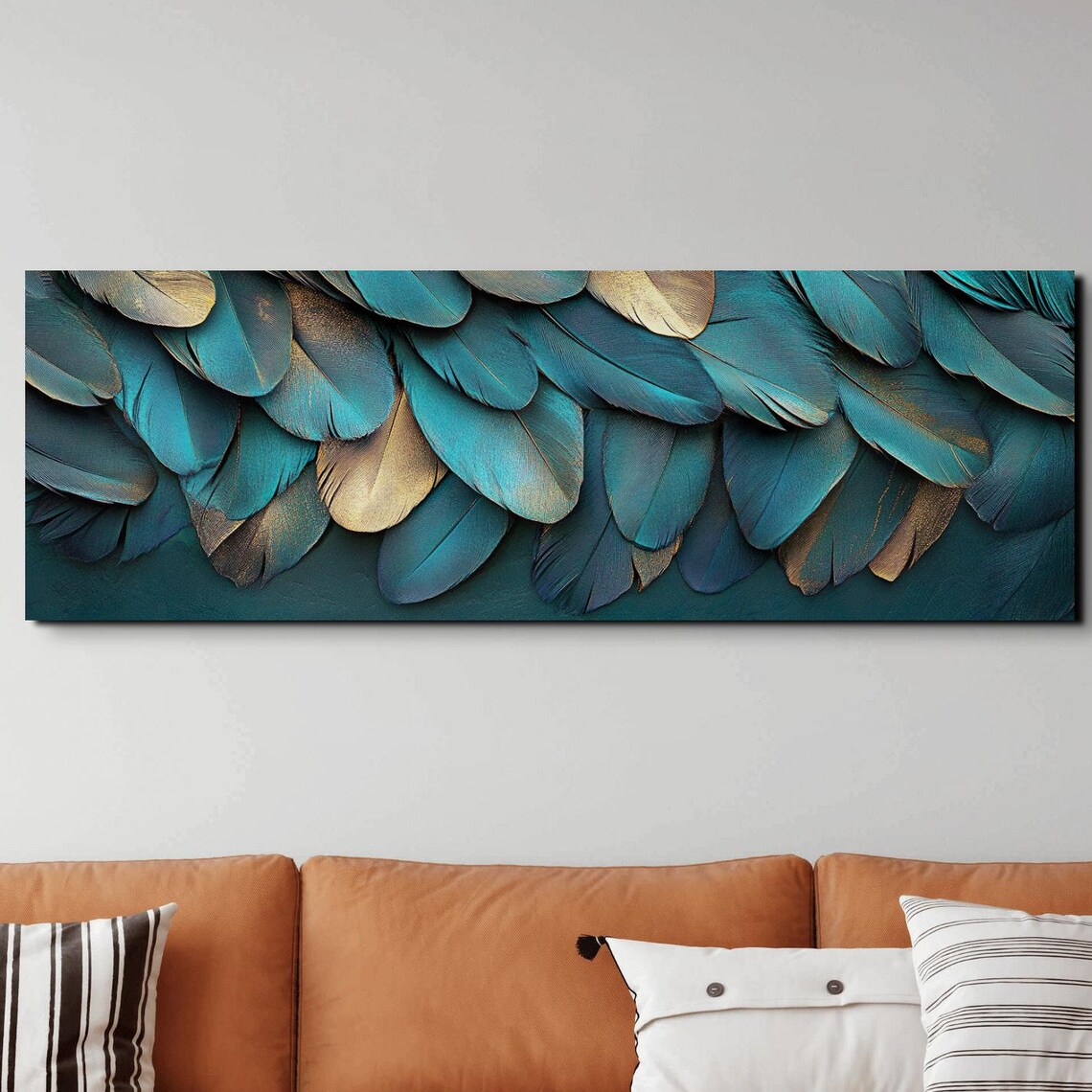 Layered Teal Gold Feathers Modern Elegant Panoramic Nature Poster