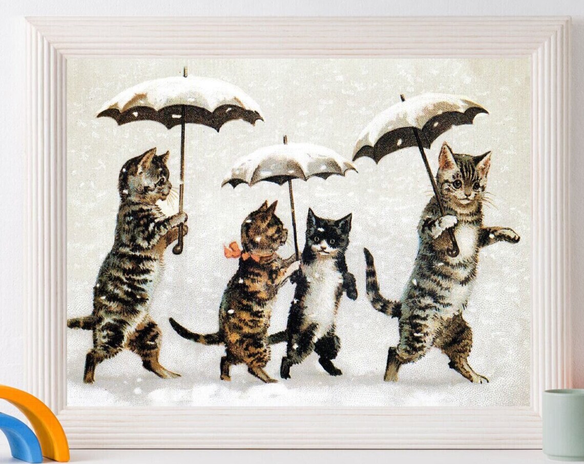 Kittens With Umbrellas Victorian Christmas Card Vintage Cat Poster - Image 2