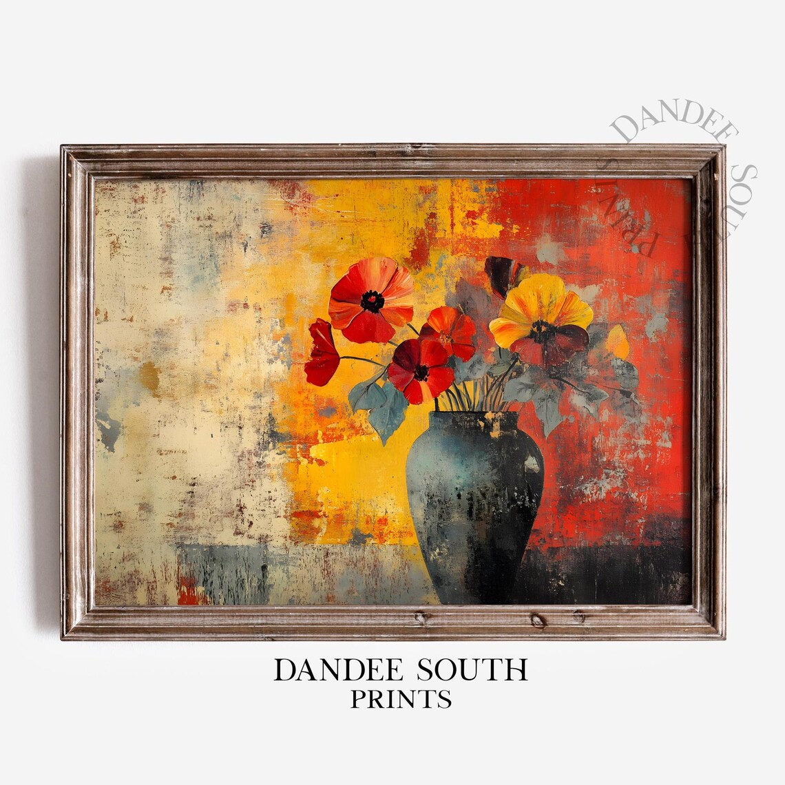 Red Yellow Poppy Blooms in Dark Vase Abstract Floral Art Print
