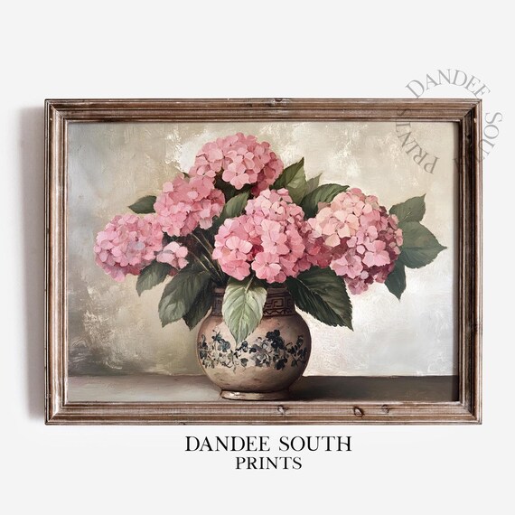 Pink Hydrangea Blossoms Ceramic Vase Vintage Floral Oil Painting Wall Art