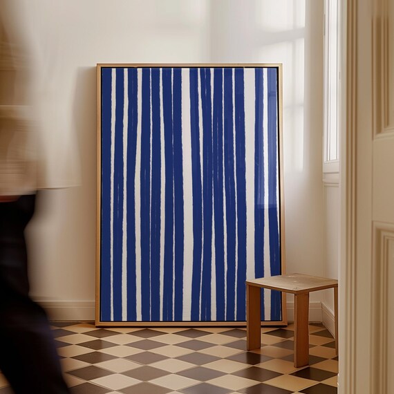 Night Blue Stripes Print Minimalist Abstract Line Wall Art Organic Drawing Hand Drawn Poster
