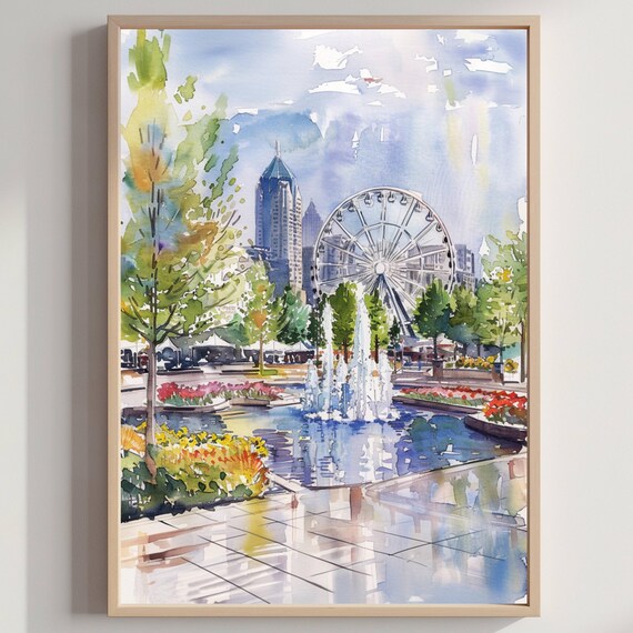 Atlanta Georgia Fountain Ferris Wheel Skyline Watercolor Travel Poster