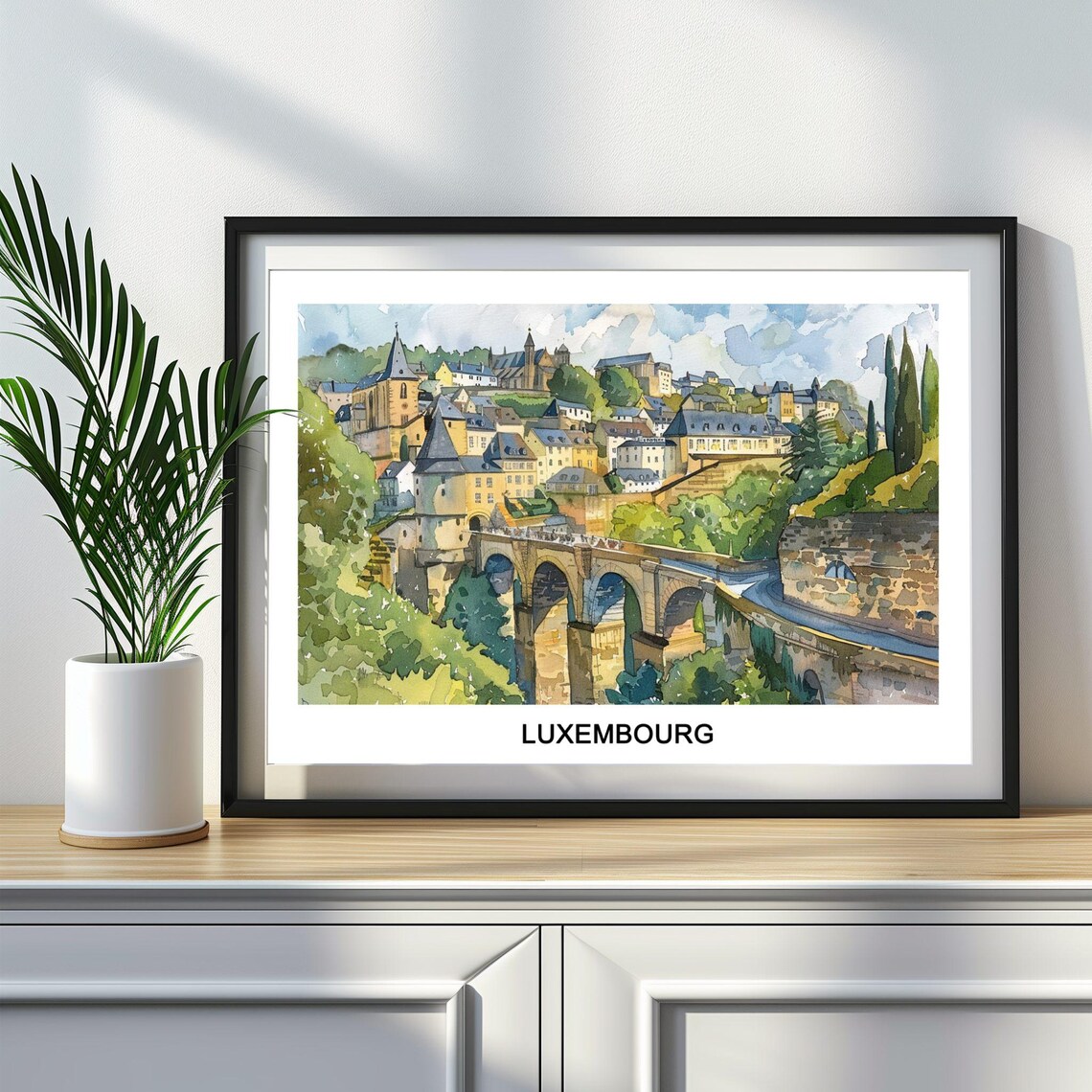 Luxembourg Watercolor Old Town Bridge Valley Cityscape Travel Poster