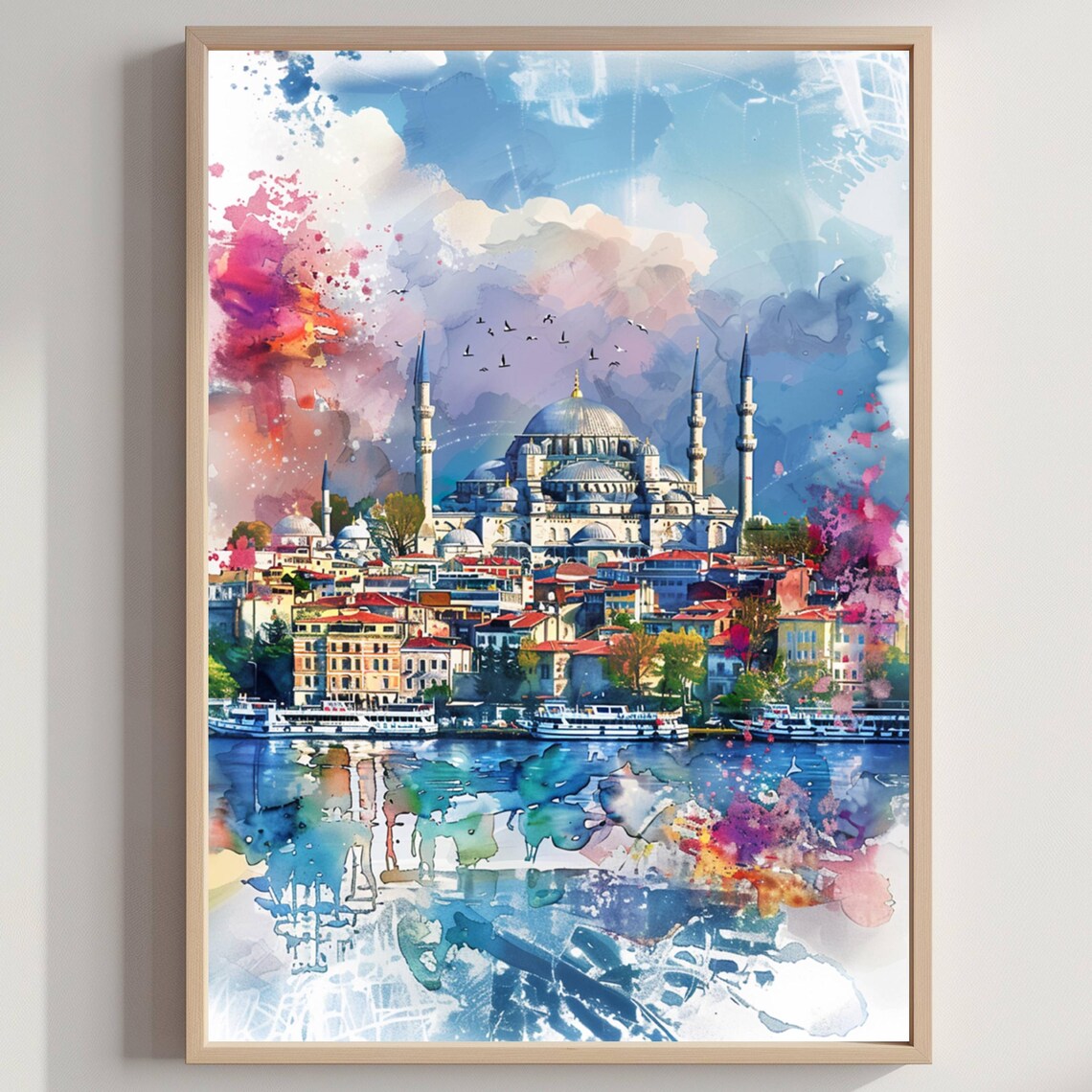 Istanbul Ottoman Mosque Harbor Watercolor Skyline Travel Poster