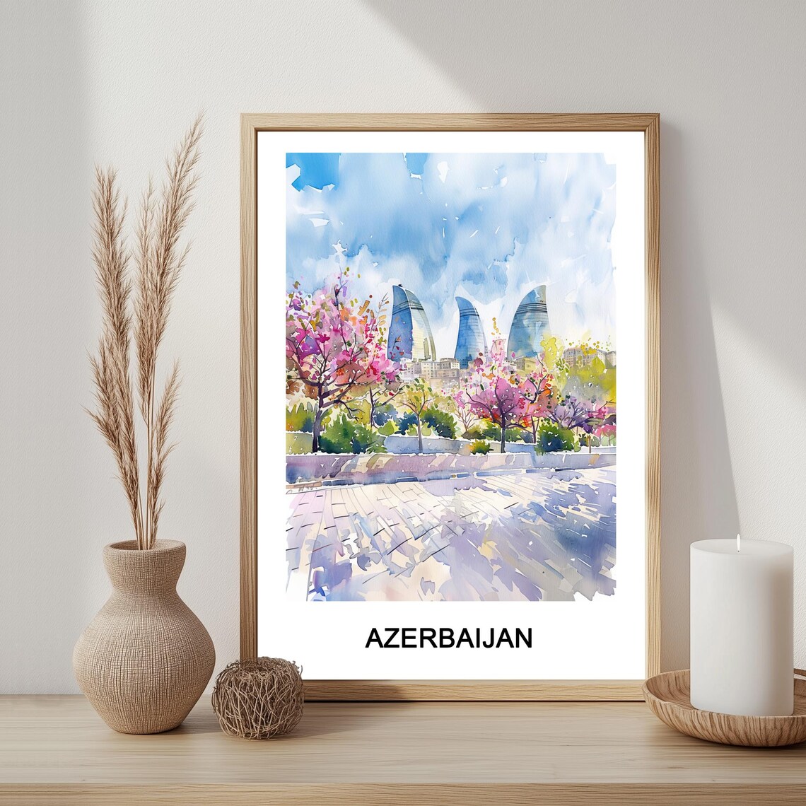 Azerbaijan Baku Flame Towers Watercolor Flowering Trees Travel Poster