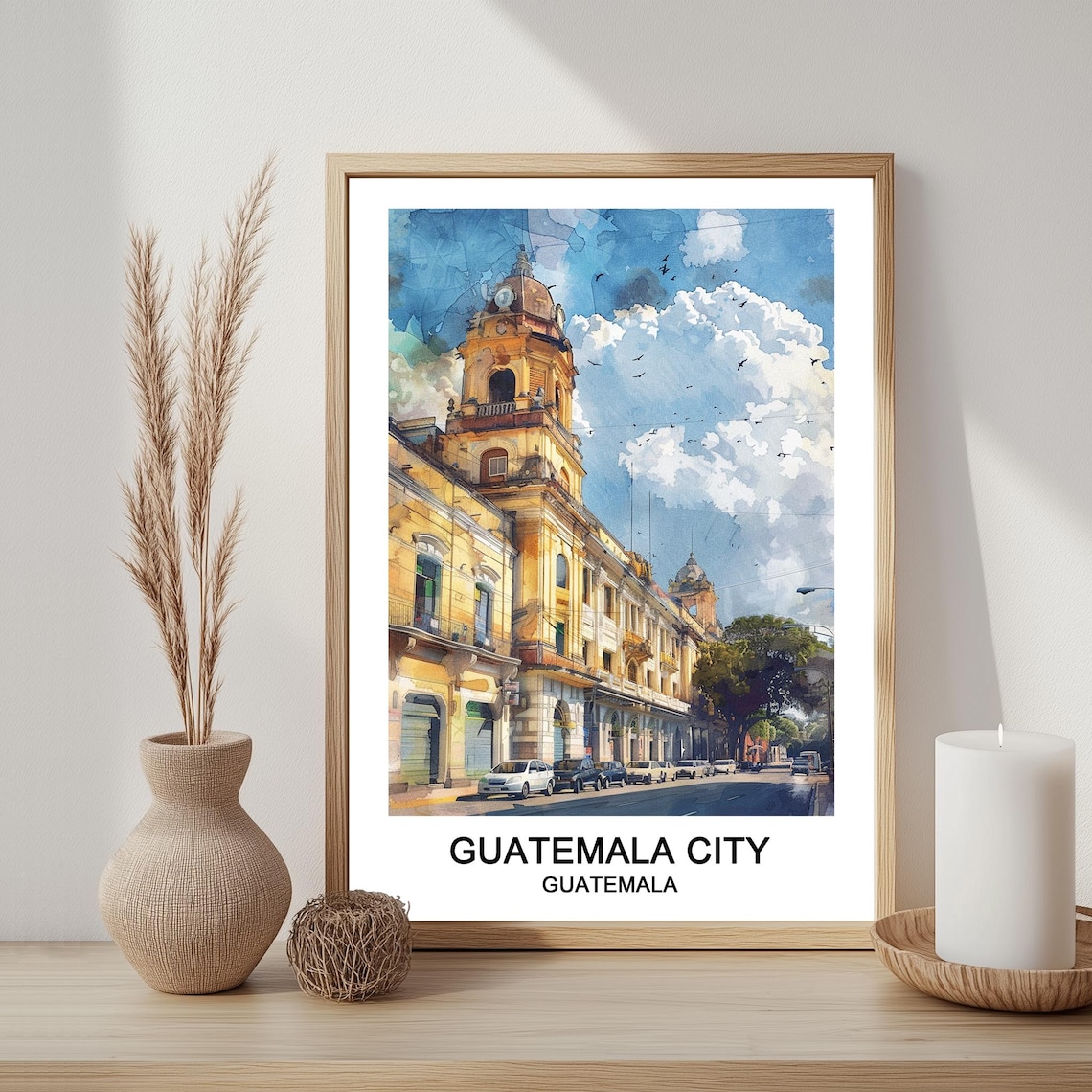 Guatemala City Watercolor Poster Colonial Church Street Travel Art