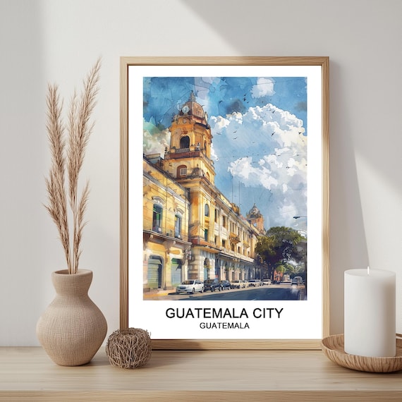 Guatemala City Watercolor Poster Colonial Church Street Travel Art