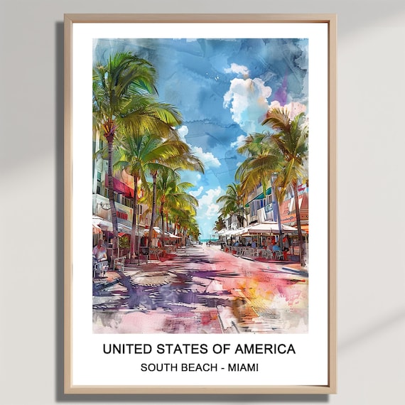 South Beach Miami Watercolor Palm Trees Street Scene Travel Poster