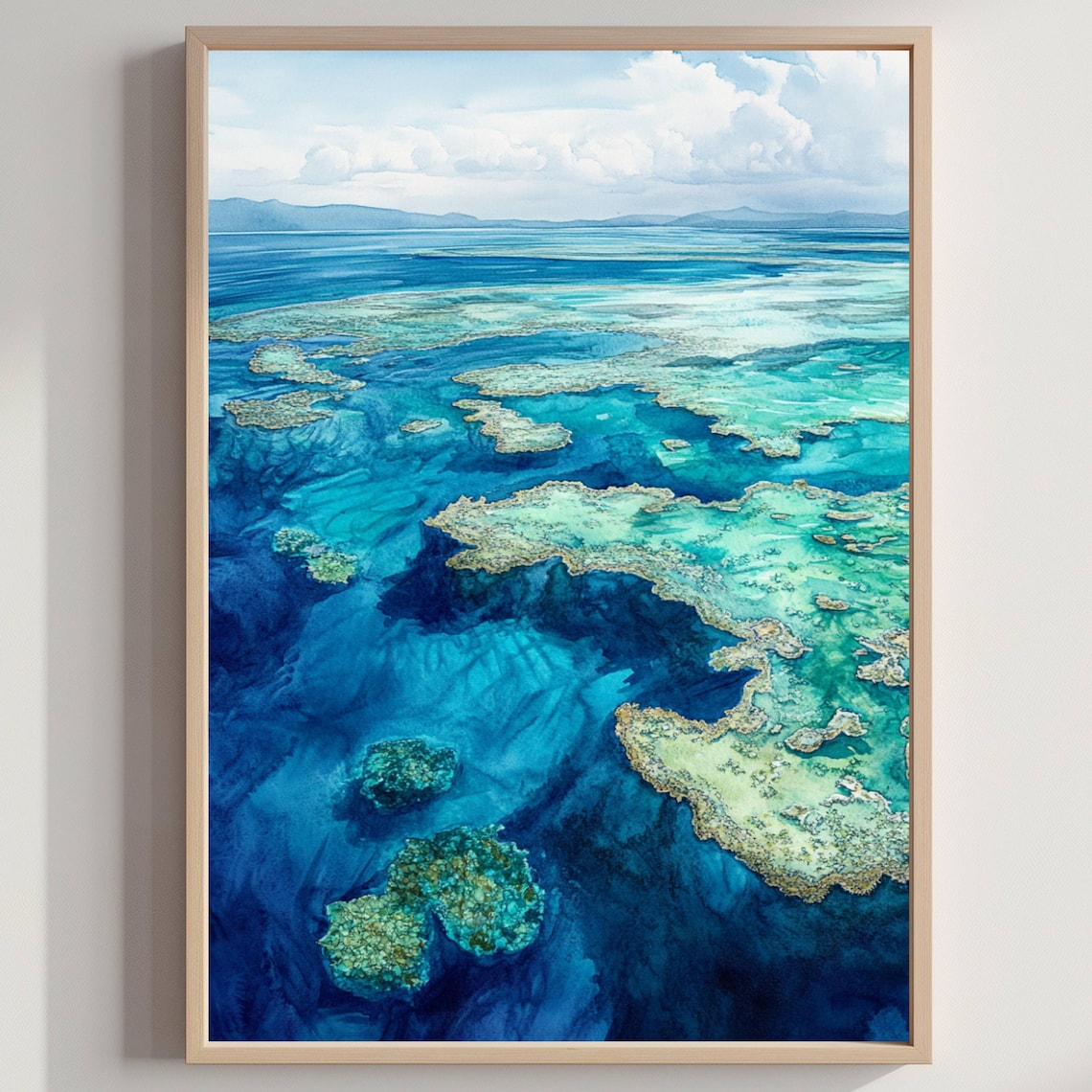 Great Barrier Reef Aerial Turquoise Coral Ocean Watercolor Poster