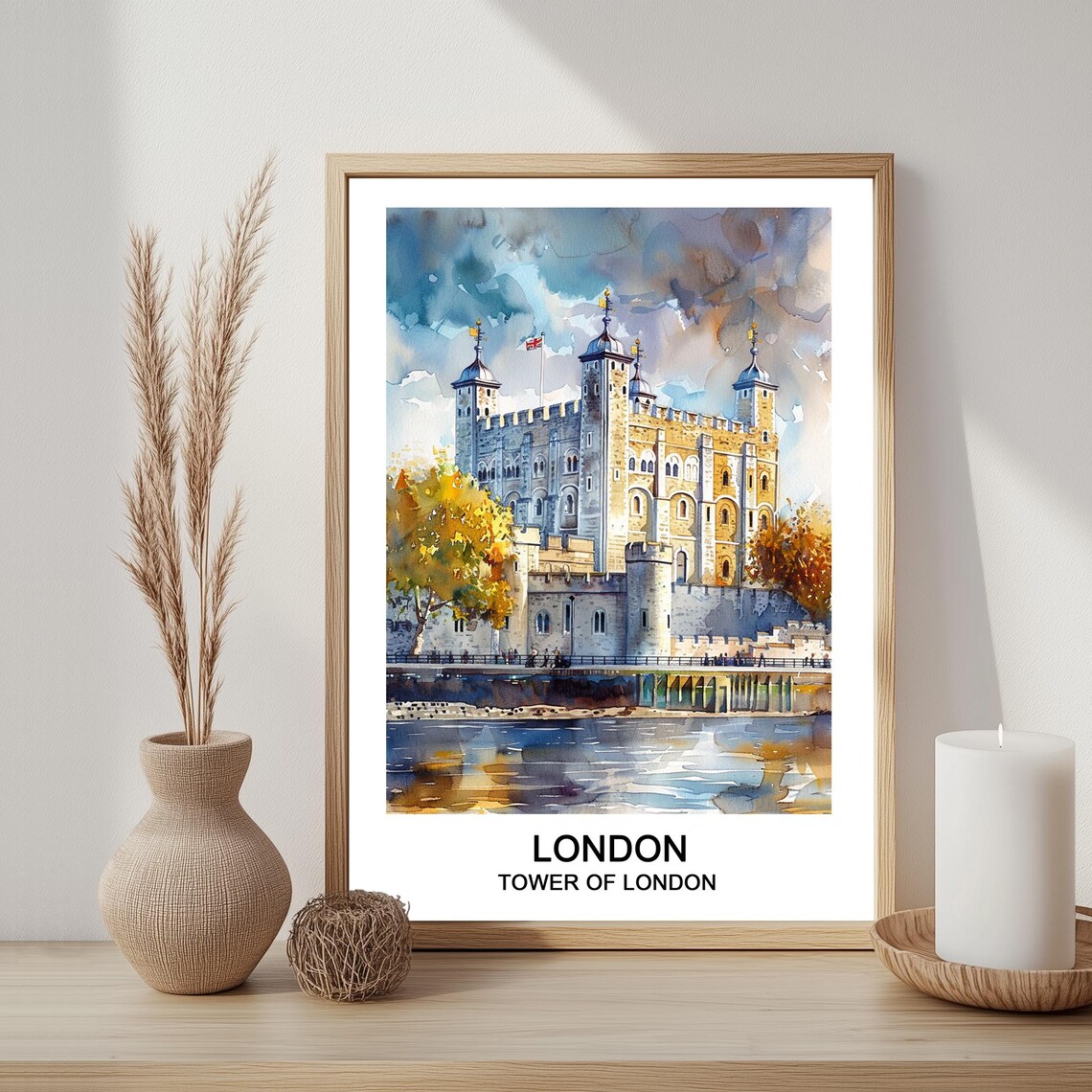 Tower Of London Castle Daytime Riverside Watercolor Travel Poster