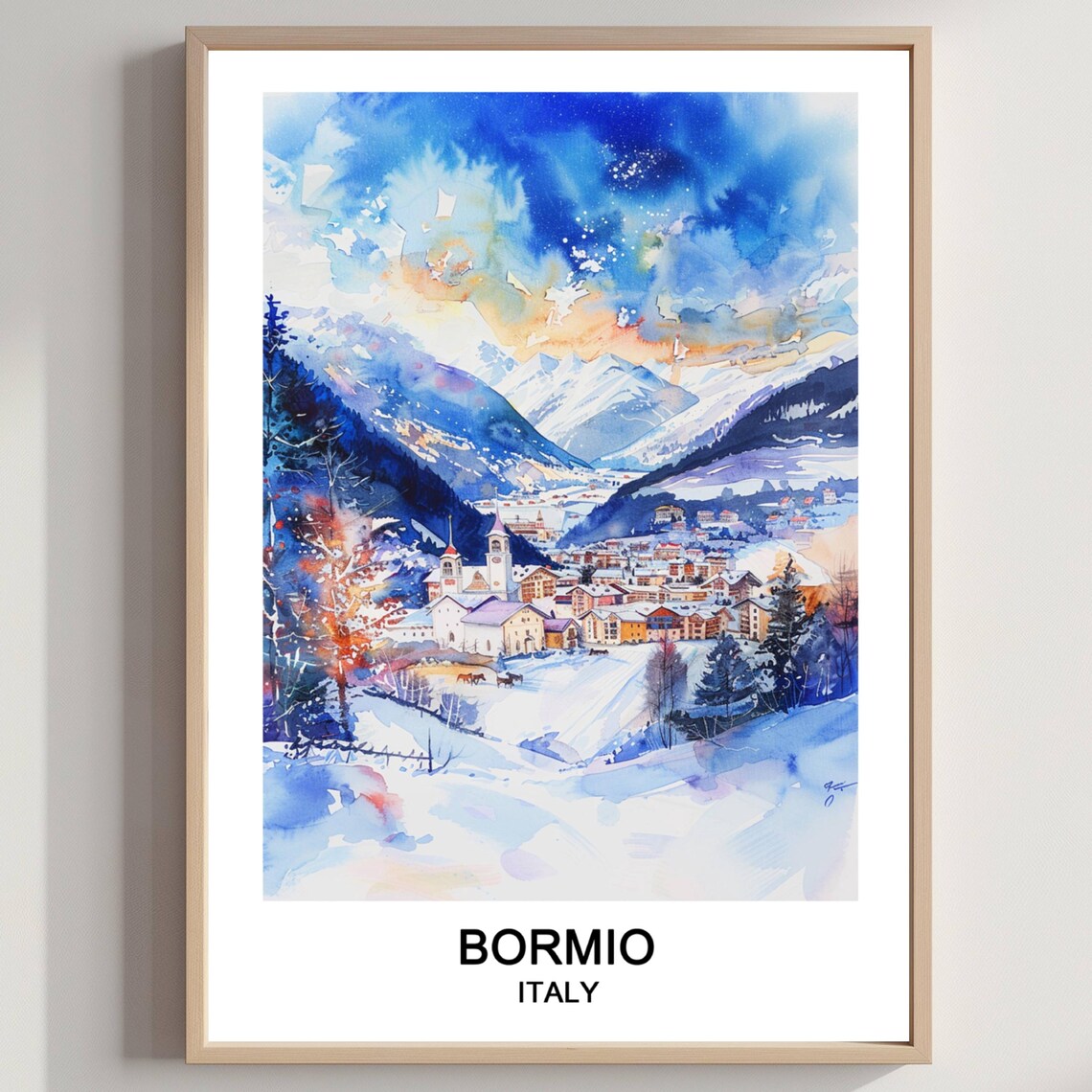 Bormio Italy Watercolor Snowy Alpine Village Winter Travel Art Poster