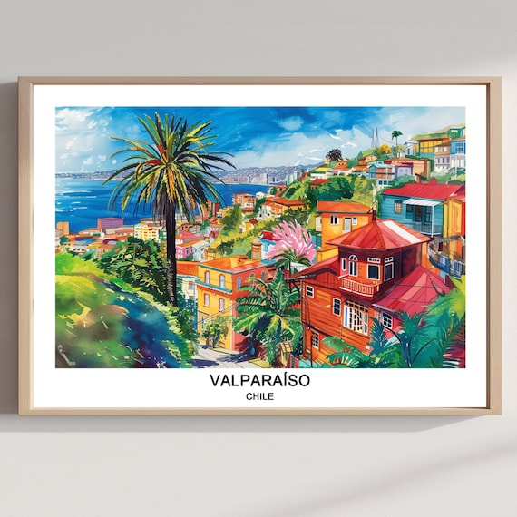 Valparaiso Chile Watercolor Travel Poster Hillside Harbor Palms Scene