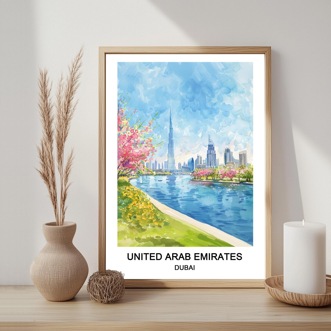 Dubai Skyline Watercolor Burj Khalifa Canal Flowers Travel Poster