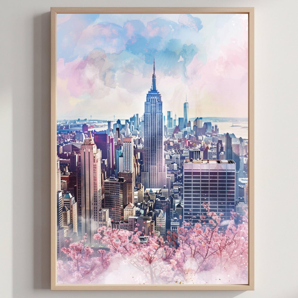 Manhattan Empire State Building Cherry Blossom Watercolor Poster