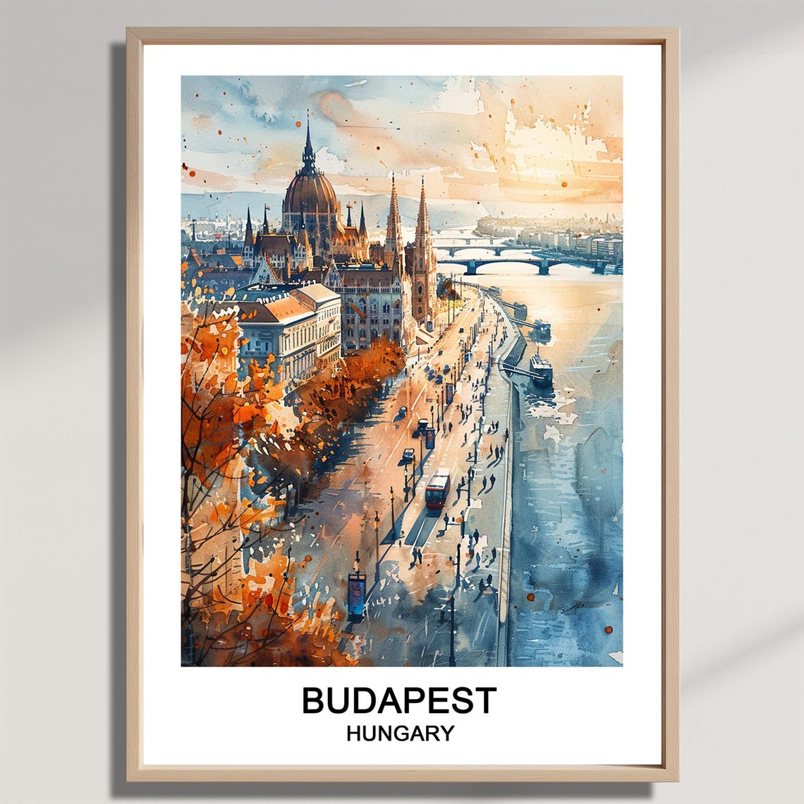 Budapest Hungary Watercolor Parliament Danube Autumn Travel Art Poster