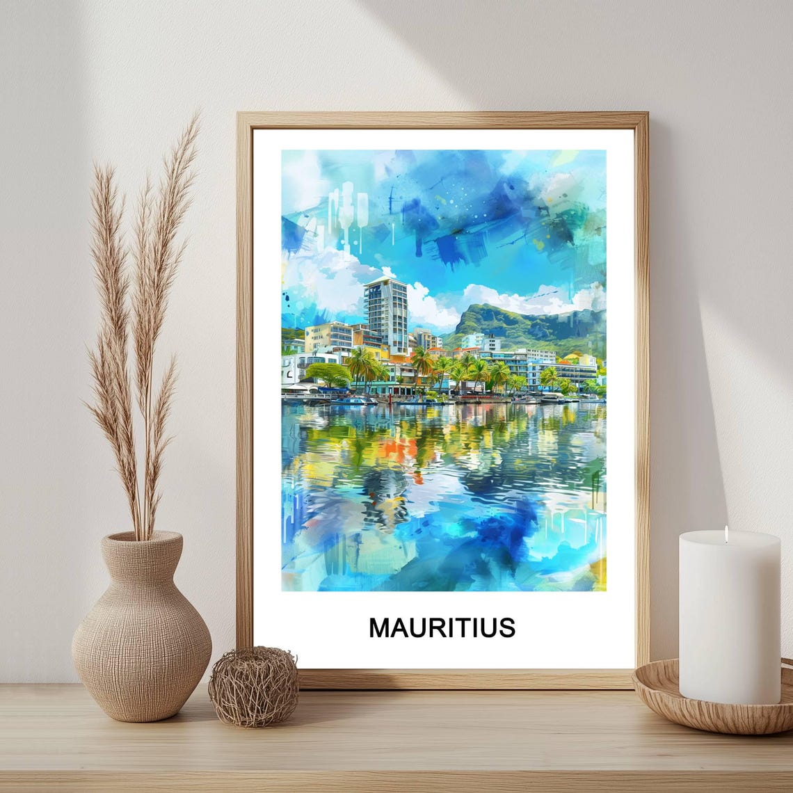 Mauritius Harbor Watercolor Mountain Reflections Travel Poster