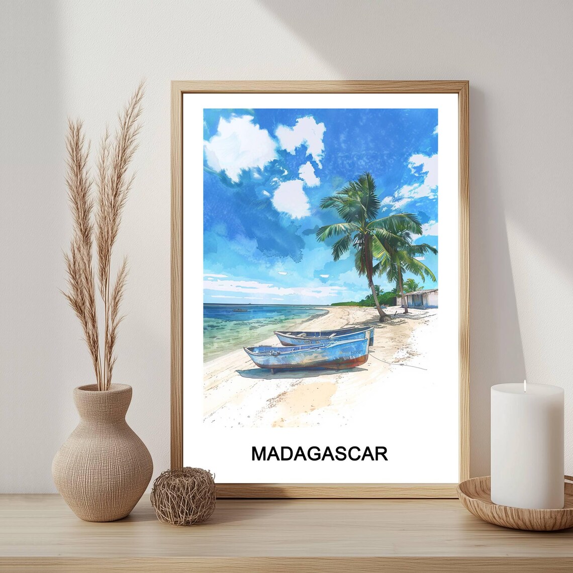 Madagascar Beach Watercolor Poster Tropical Palm Boats Island Art