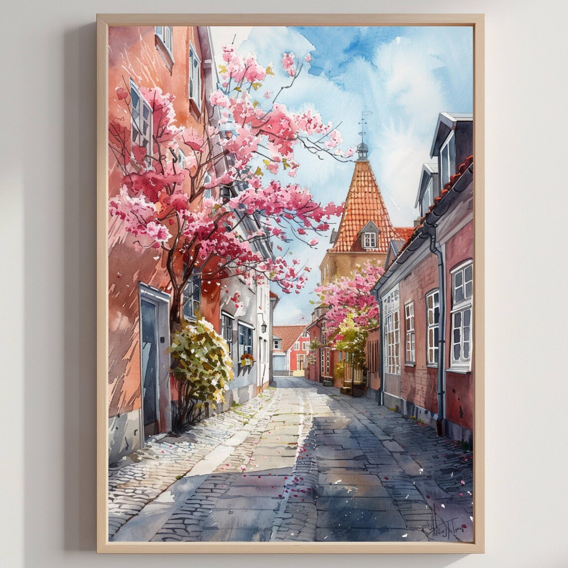 European Old Town Cherry Blossom Street Watercolor Travel Poster