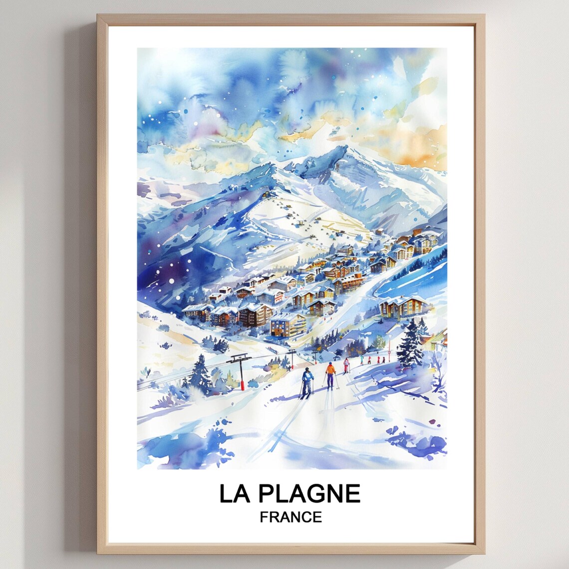 La Plagne France Watercolor Ski Resort Poster Alpine Peak Village