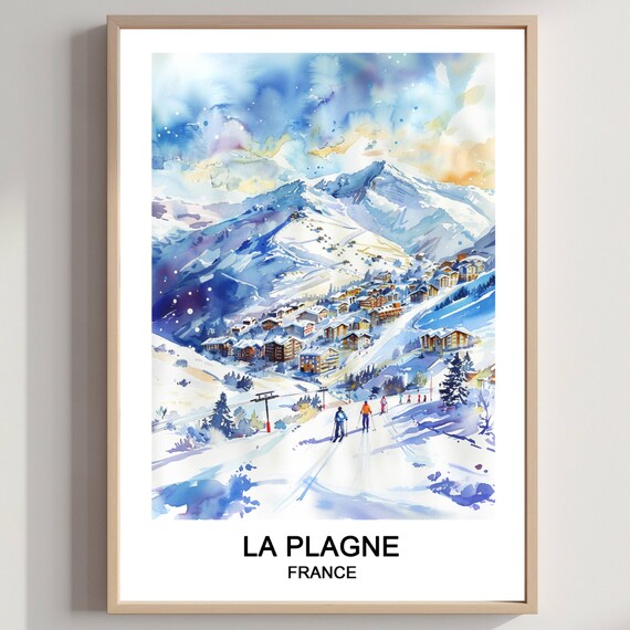La Plagne France Watercolor Ski Resort Poster Alpine Peak Village
