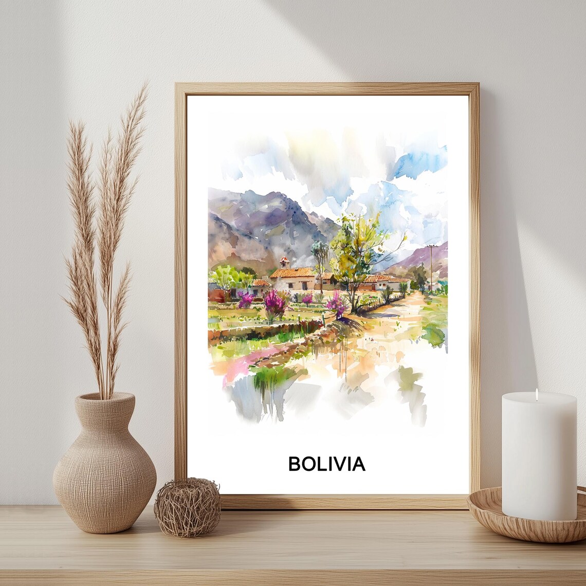 Bolivia Andean Village Watercolor Mountain Landscape Art Poster