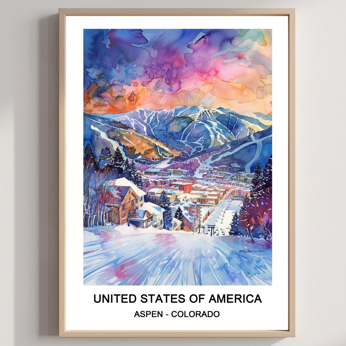 Aspen Colorado USA Ski Resort Watercolor Winter Mountain Travel Poster