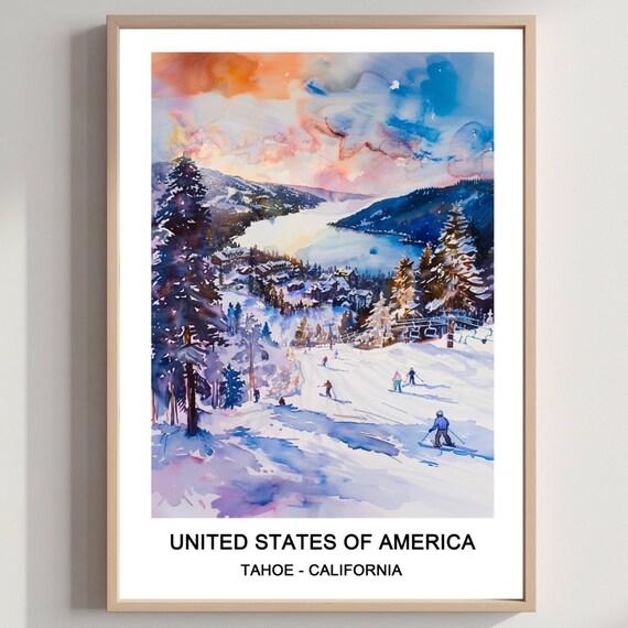 Lake Tahoe California Ski Slopes Watercolor Winter Travel Poster