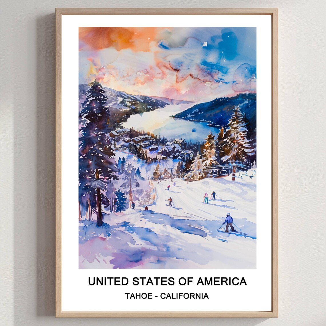 Lake Tahoe California Ski Slopes Watercolor Winter Travel Poster