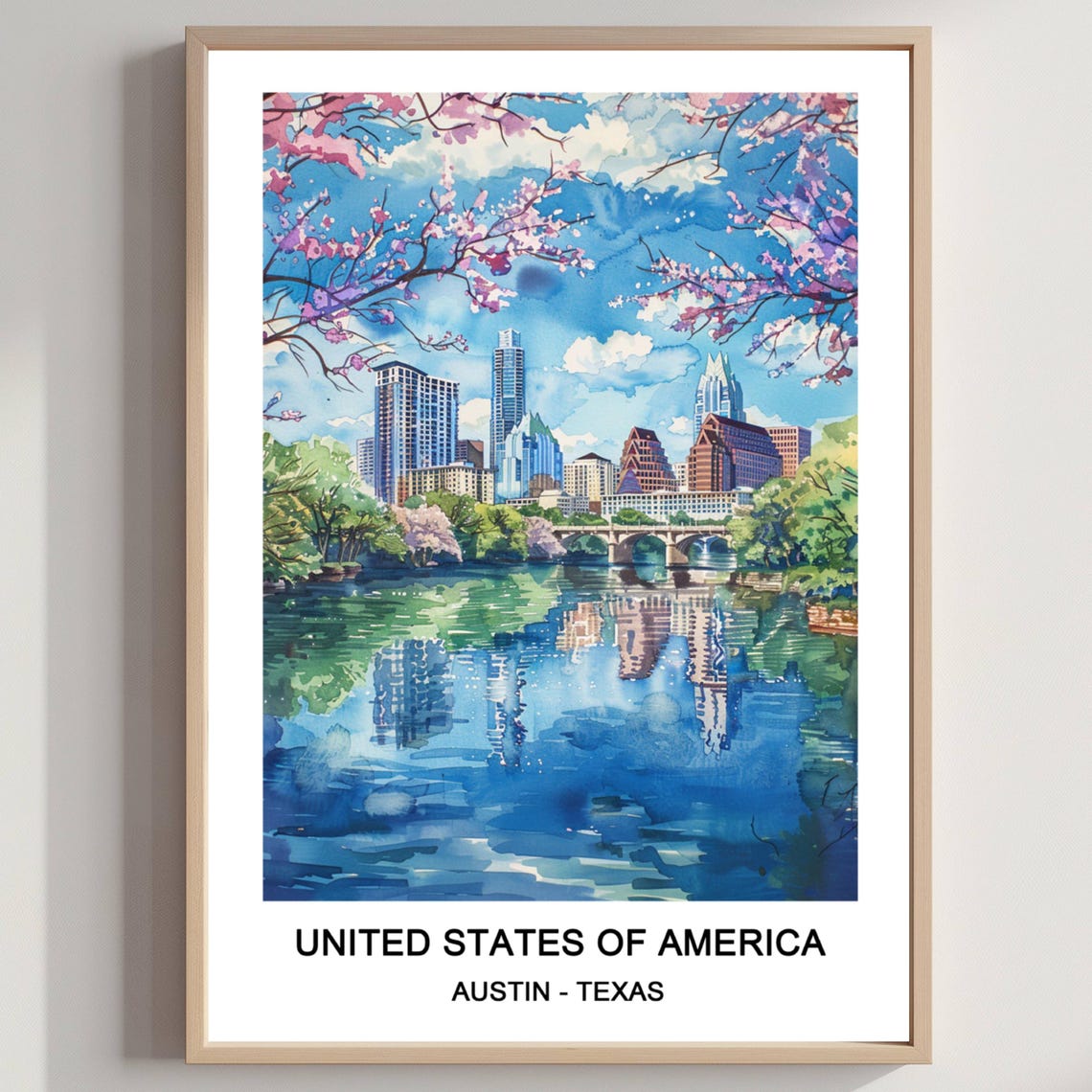 Austin Texas Skyline Lake Reflection Cherry Blossom Watercolor Poster