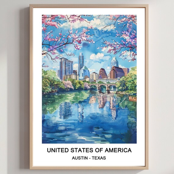Austin Texas Skyline Lake Reflection Cherry Blossom Watercolor Poster