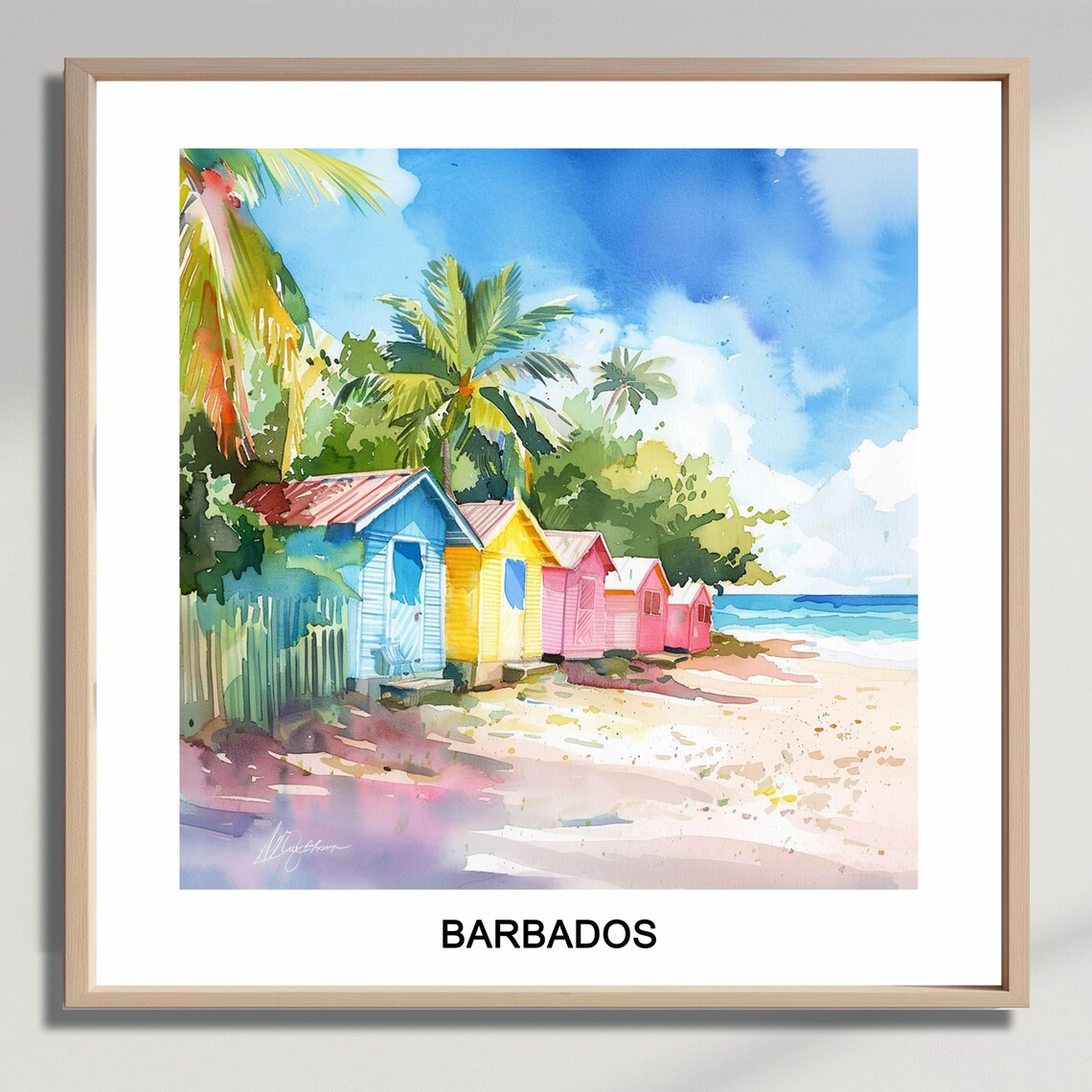 Barbados Colorful Beach Huts Palm Trees Tropical Watercolor Travel Poster