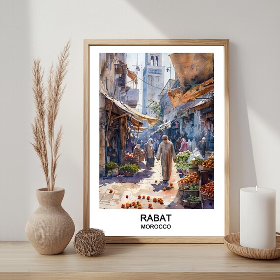 Rabat Morocco Watercolor Souk Market Street Minaret Travel Poster