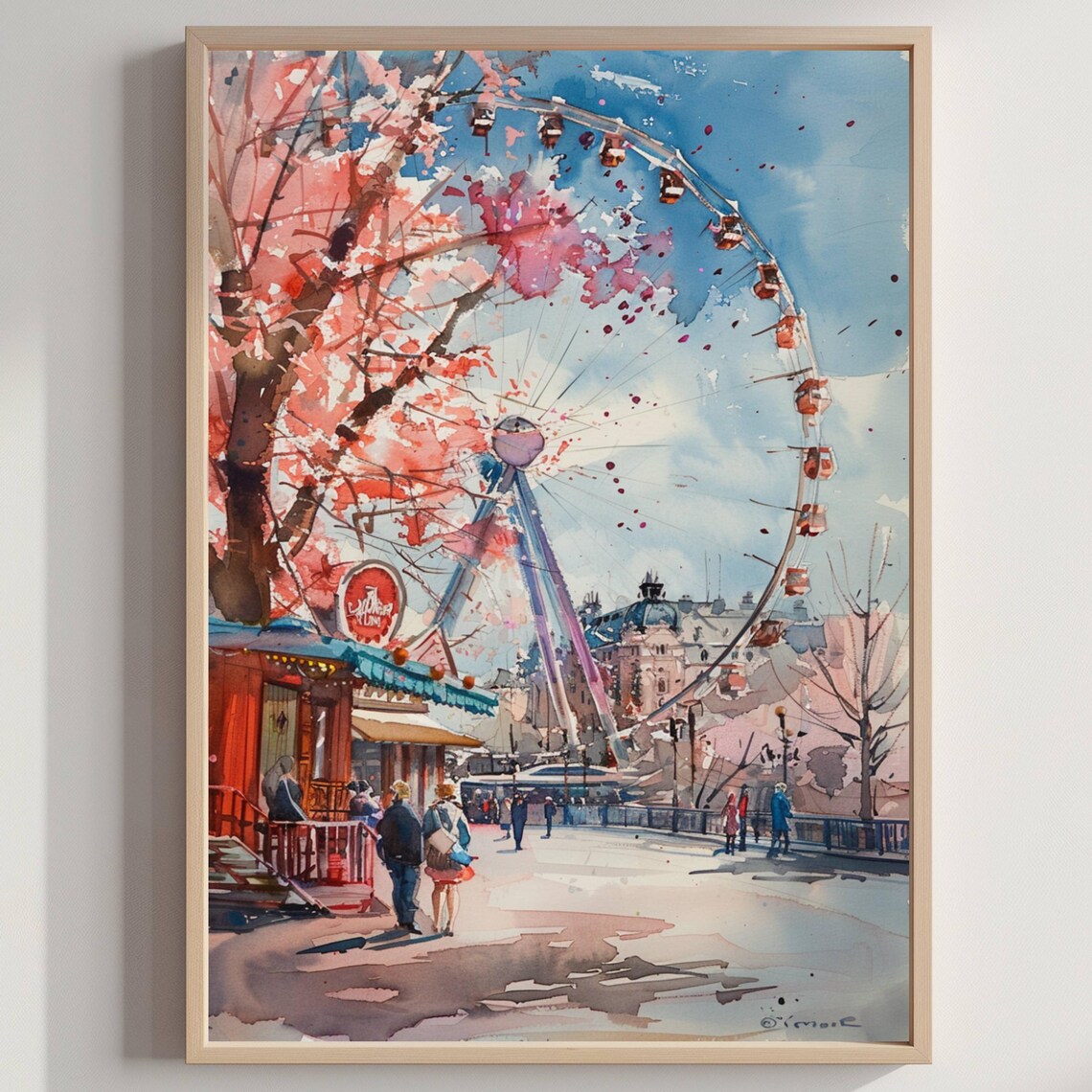Vienna Ferris Wheel Spring Blossom Prater Park Watercolor Poster