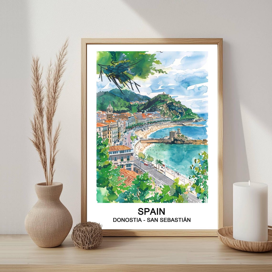 San Sebastian Donostia Spain Coastal Watercolor Travel Poster