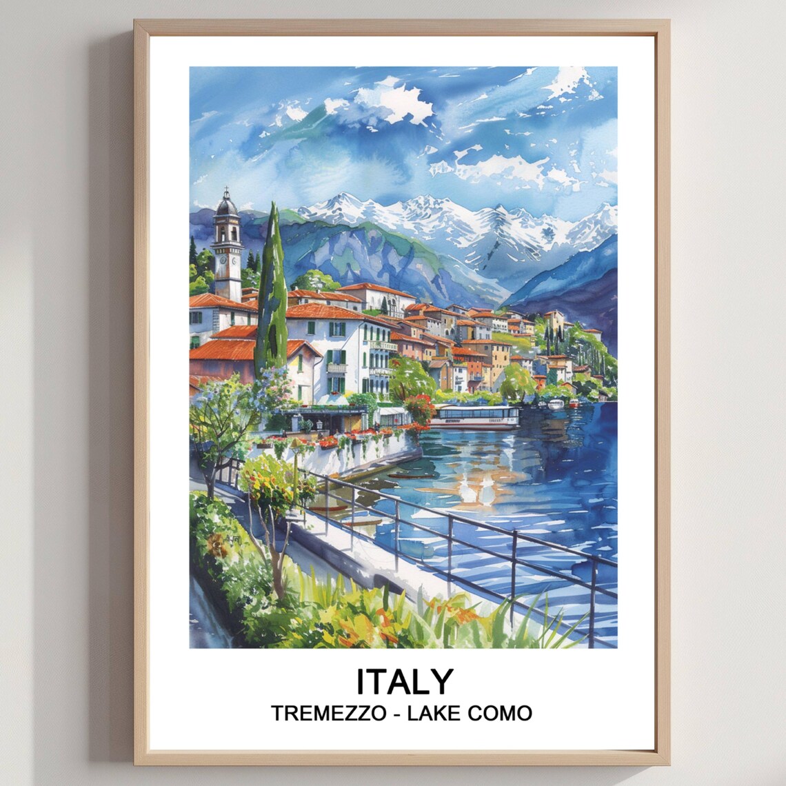 Tremezzo Lake Como Italy Snowy Peaks Lakeside Watercolor Travel Poster