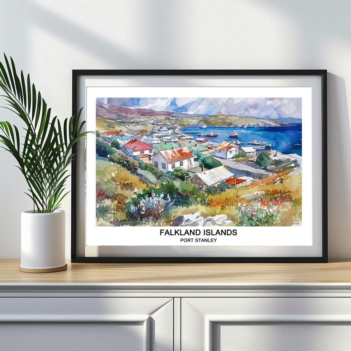 Port Stanley Falkland Islands Harbor Watercolor Travel Poster