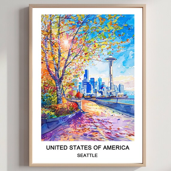 Seattle Space Needle Autumn Watercolor Skyline Washington Art Poster