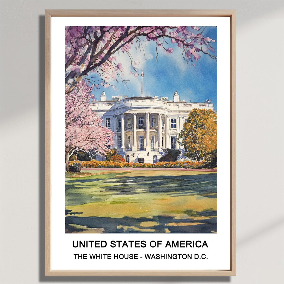 White House Washington DC Cherry Blossom Watercolor Travel Poster