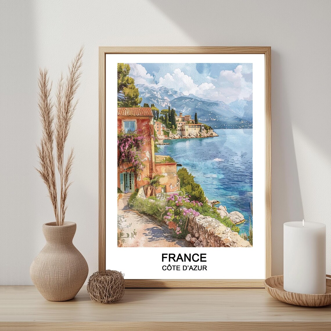 Côte d'Azur France Coastal Village Watercolor Travel Art Poster