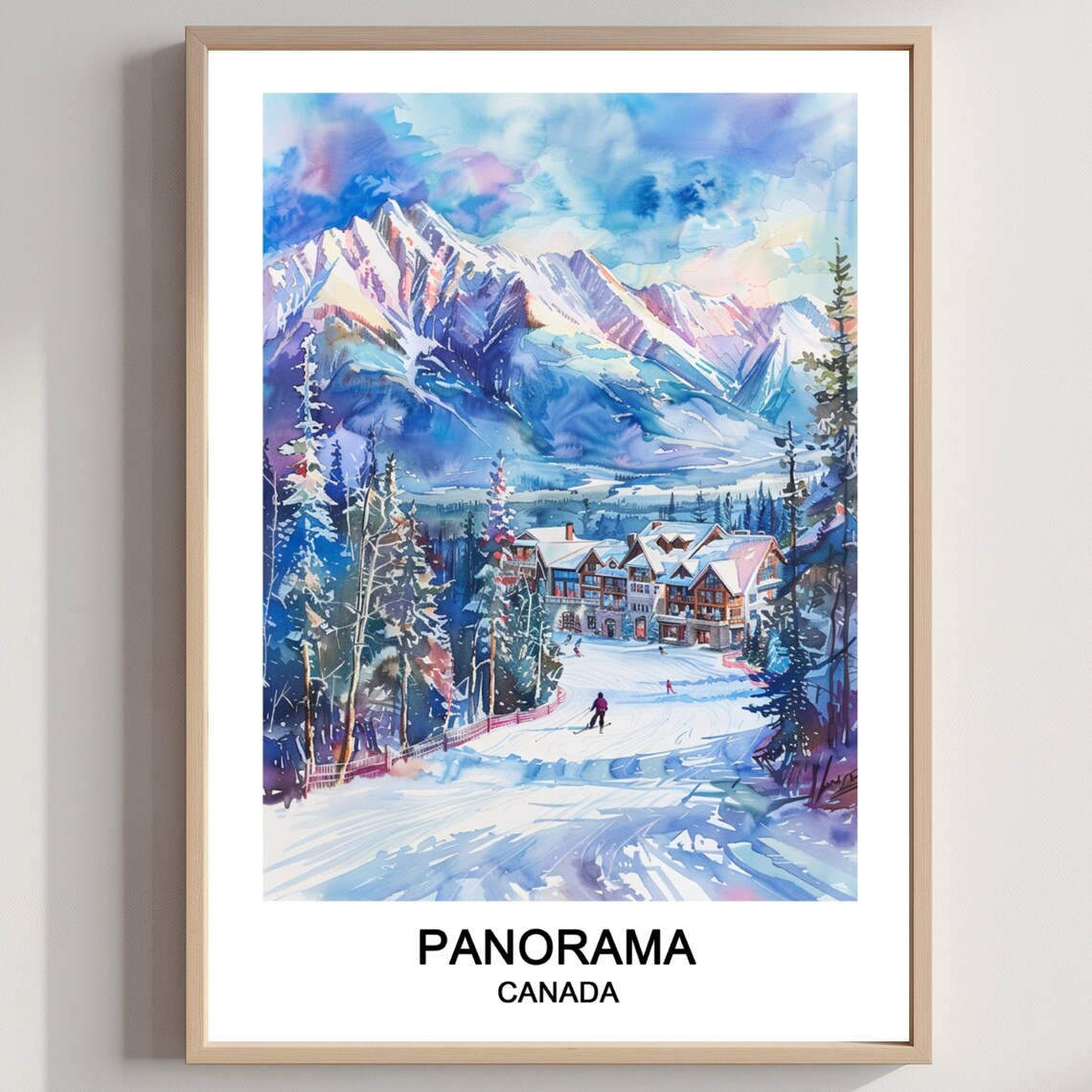Panorama Canada Ski Resort Watercolor Snowy Mountain Travel Poster