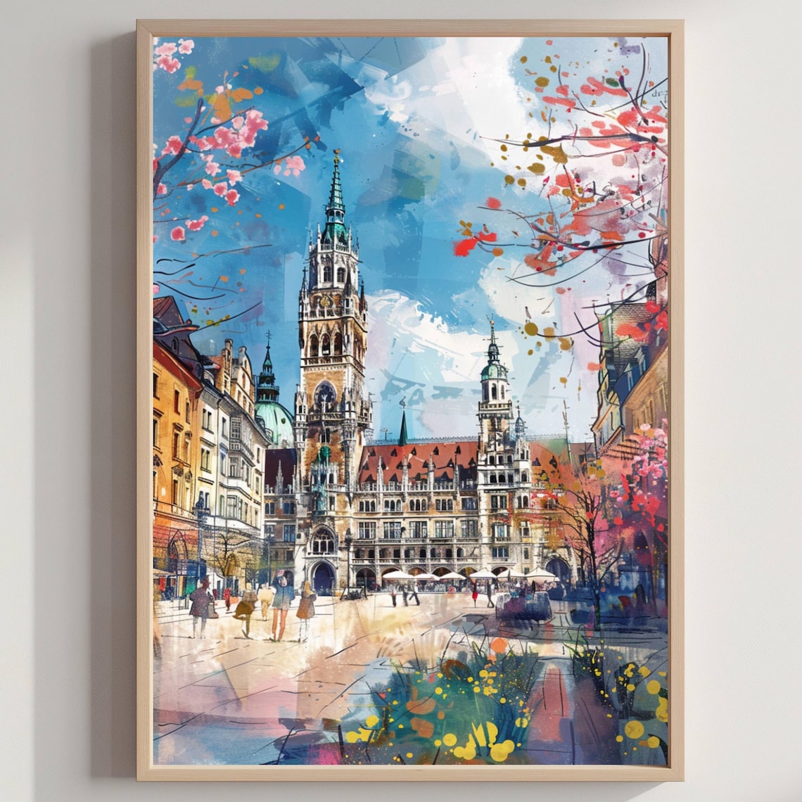 Marienplatz Munich New Town Hall Watercolor Spring Travel Poster