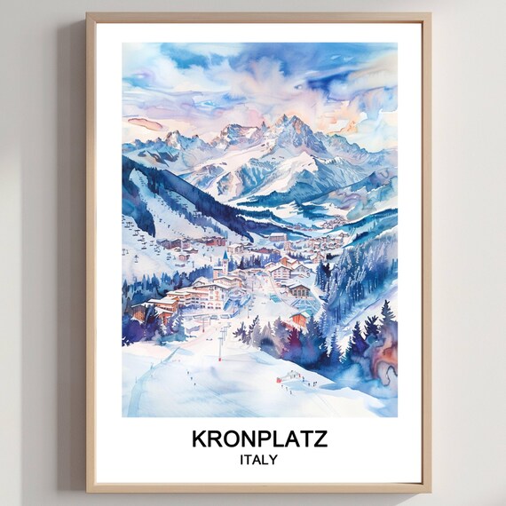 Kronplatz Italy Ski Resort Watercolor Alpine Valley Winter Poster