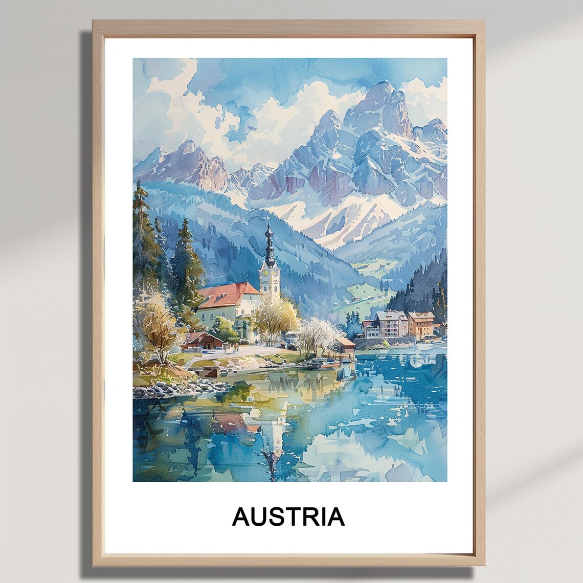 Austria Alpine Lake Village Watercolor Mountain Travel Art Poster