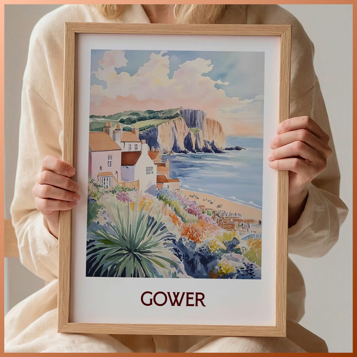 Gower Coastal Cliffs Village Beach Seaside Watercolor Travel Poster