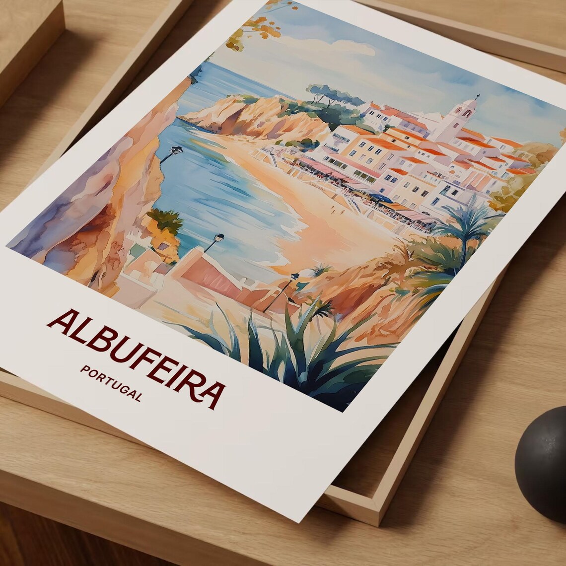 Albufeira Portugal Beach Cove Cliffs White Town Watercolor Travel Poster - Image 2