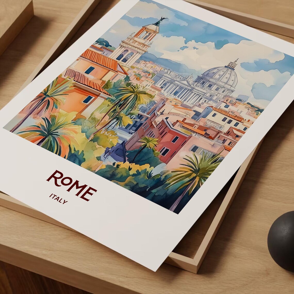 Rome Italy Historic Rooftops St Peters Dome Watercolor City Poster - Image 2