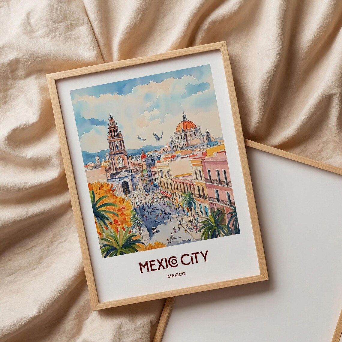 Mexico City Mexico Colonial Plaza Church Towers Watercolor Poster - Image 3